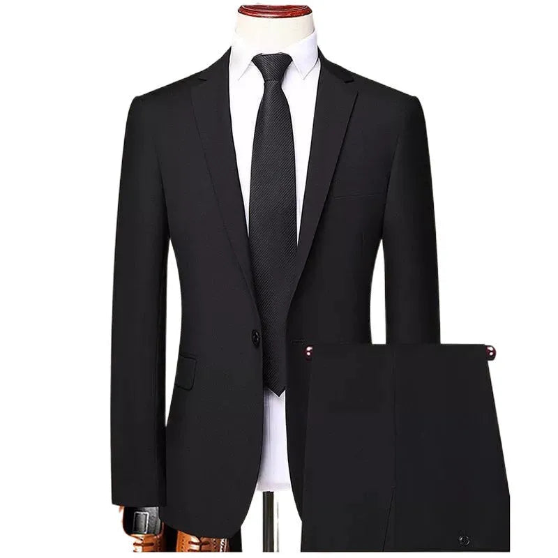 Men's three-piece business suit set in Korean slim fit style with trousers and matching tie