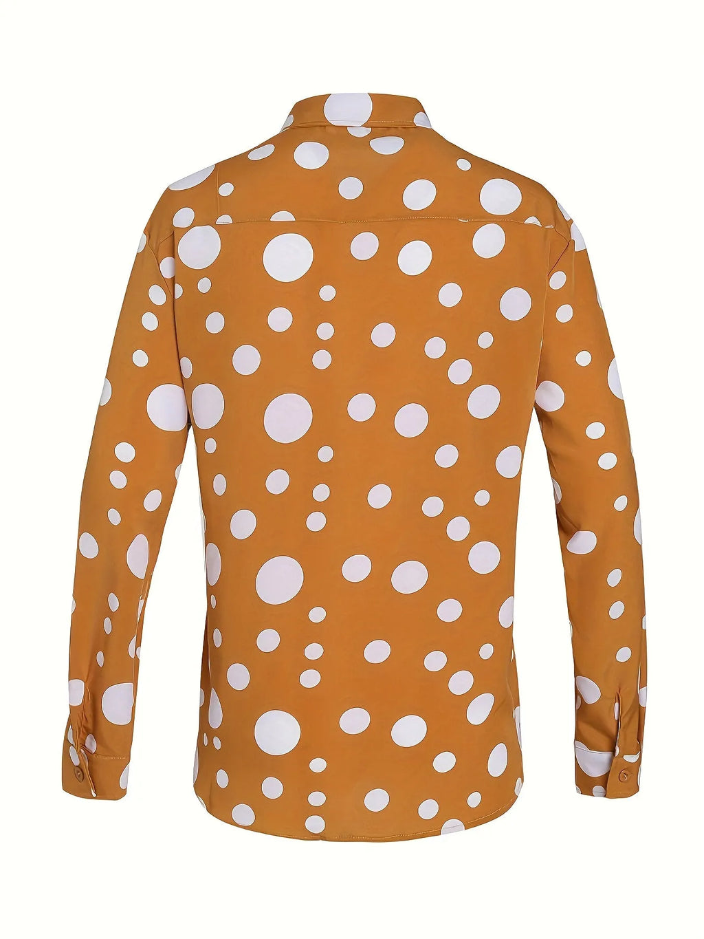 Men's warm orange long-sleeved shirt with white polka dot print and classic lapel collar
