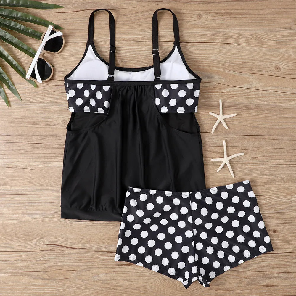 Women's high-waist polka dot boxer swimsuit brief in polyester fabric for swimming and sports.