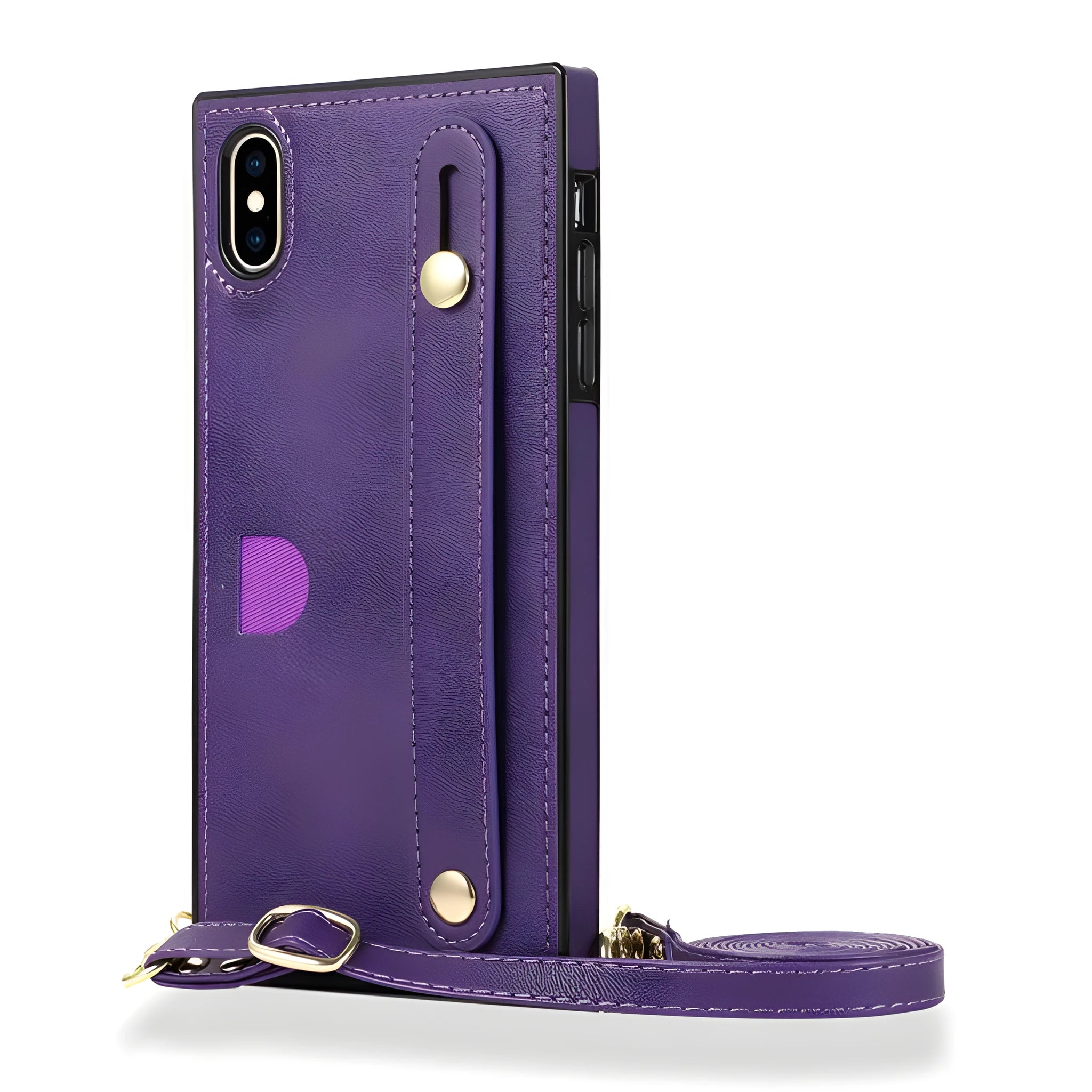 Black leather messenger phone case with integrated card holder and attached wristband holster for iPhone.