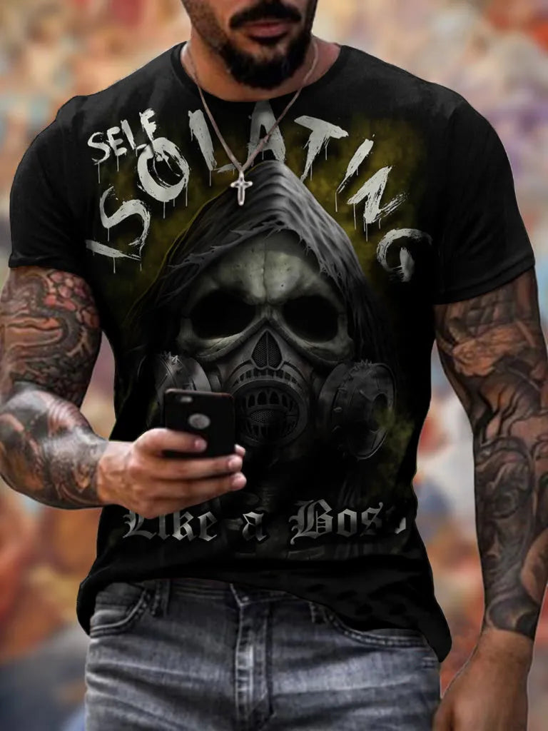 Summer men's 3D skull full-body print short-sleeved T-shirt in round neck style, available in multiple colours
