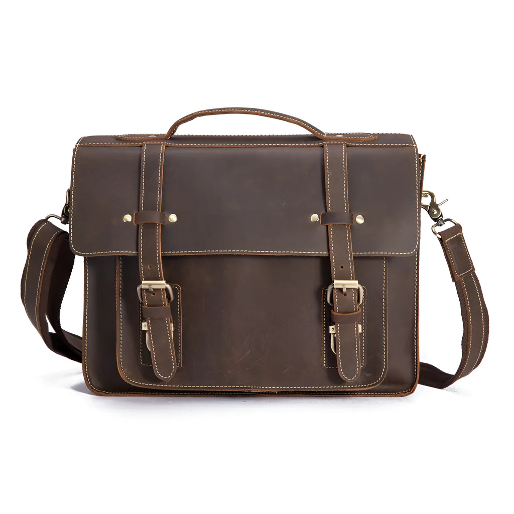 Men's dark brown coffee crazy horseskin leather shoulder bag messenger bag handbag 36cm length