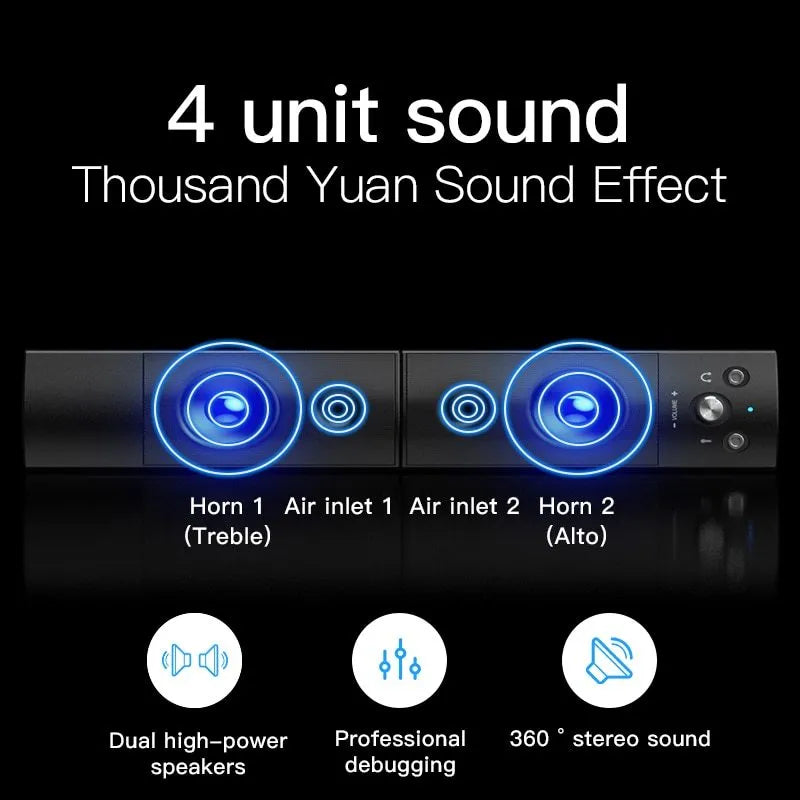 Small phantom black Bluetooth speaker subwoofer with dual speakers and microphone on a desk