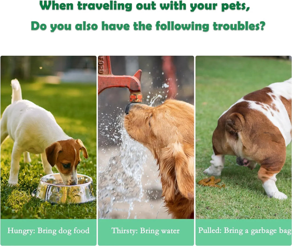 Green 3-in-1 portable pet water bottle with food container, waste bag dispenser, and carrying strap.