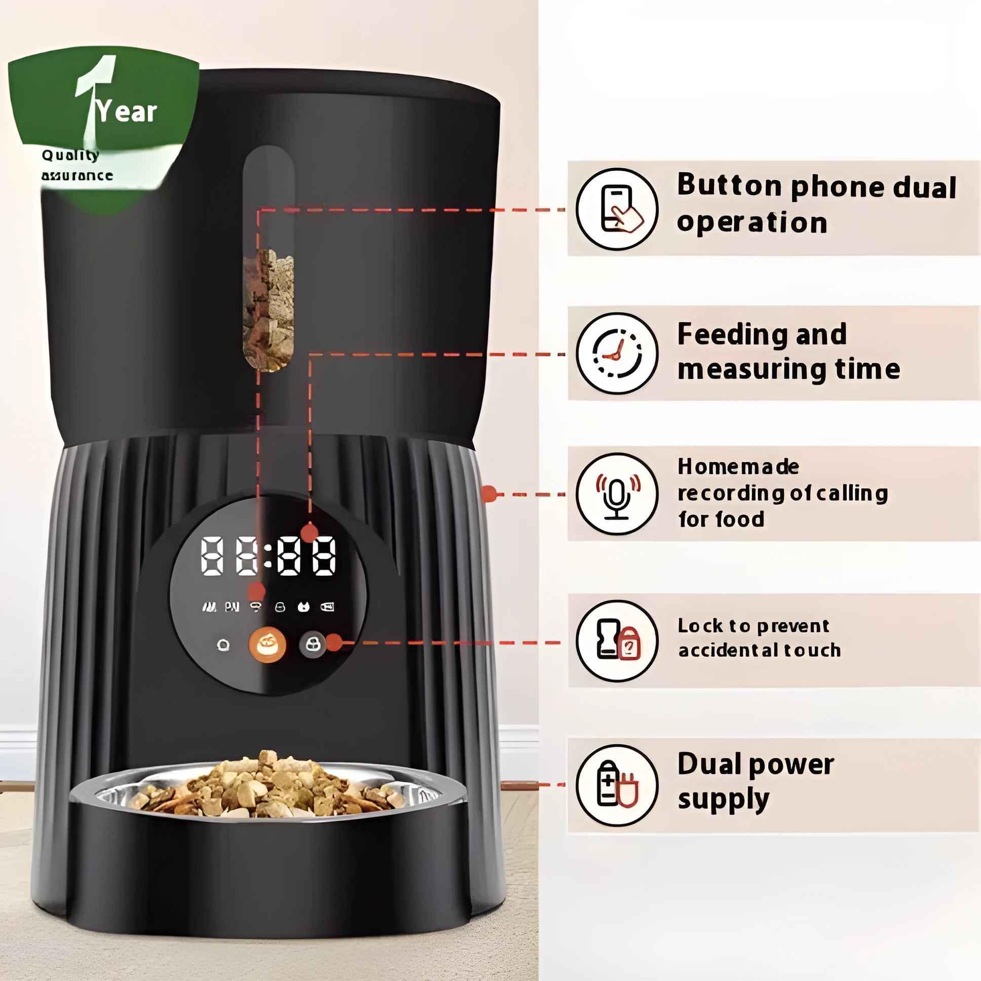 Black automatic pet feeder with digital LCD screen and large food container.