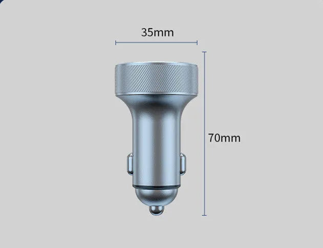 Aluminium alloy 54W car charger with digital display plugged into a vehicle cigarette lighter socket.