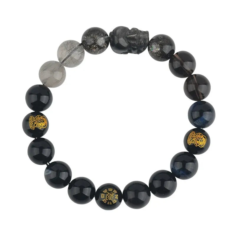 Handmade five elements natural crystal bracelet with geometric beads in gold, wood, water, fire, or soil colours.
