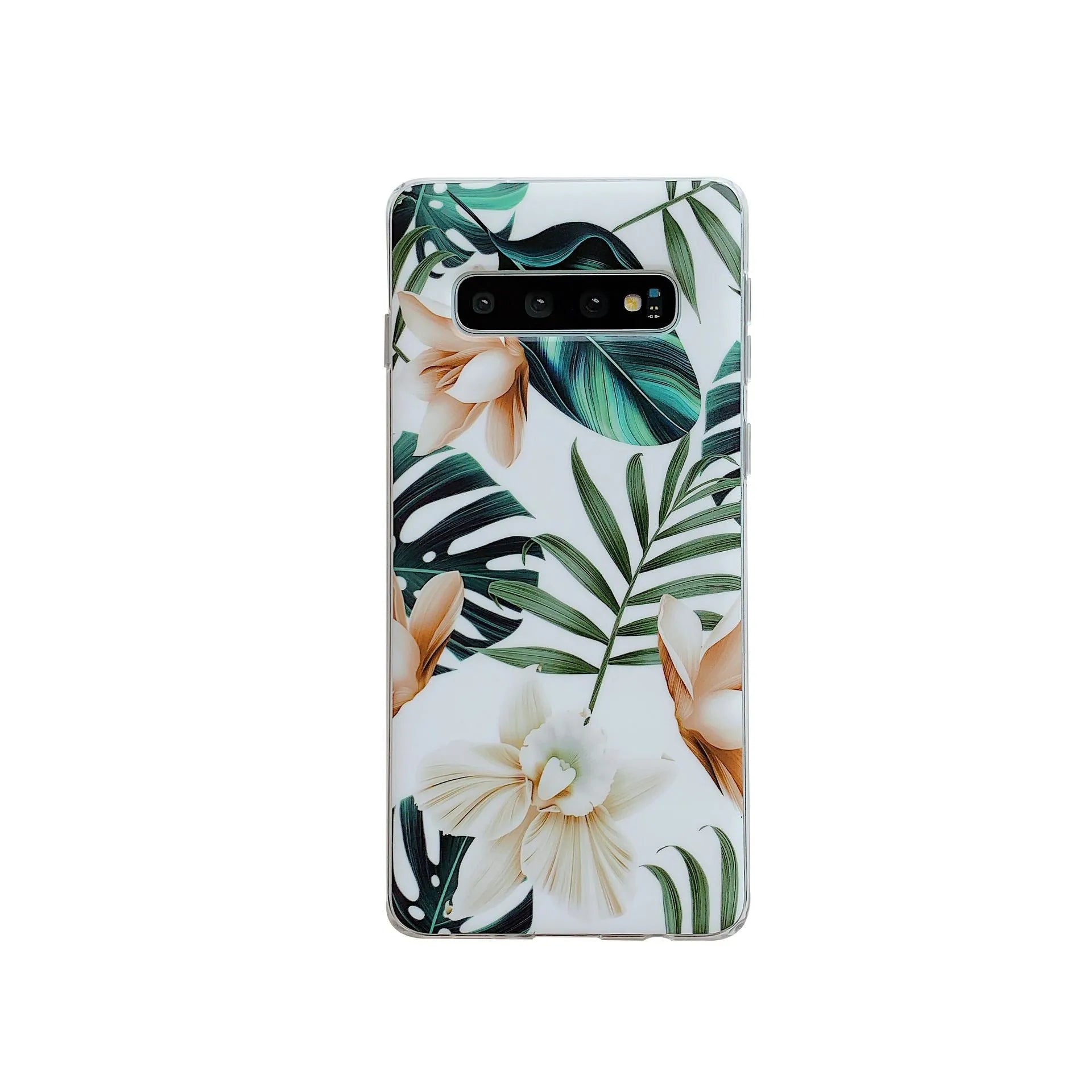 Samsung TPU phone case with green leaf flower design on a Safflower coloured back cover.