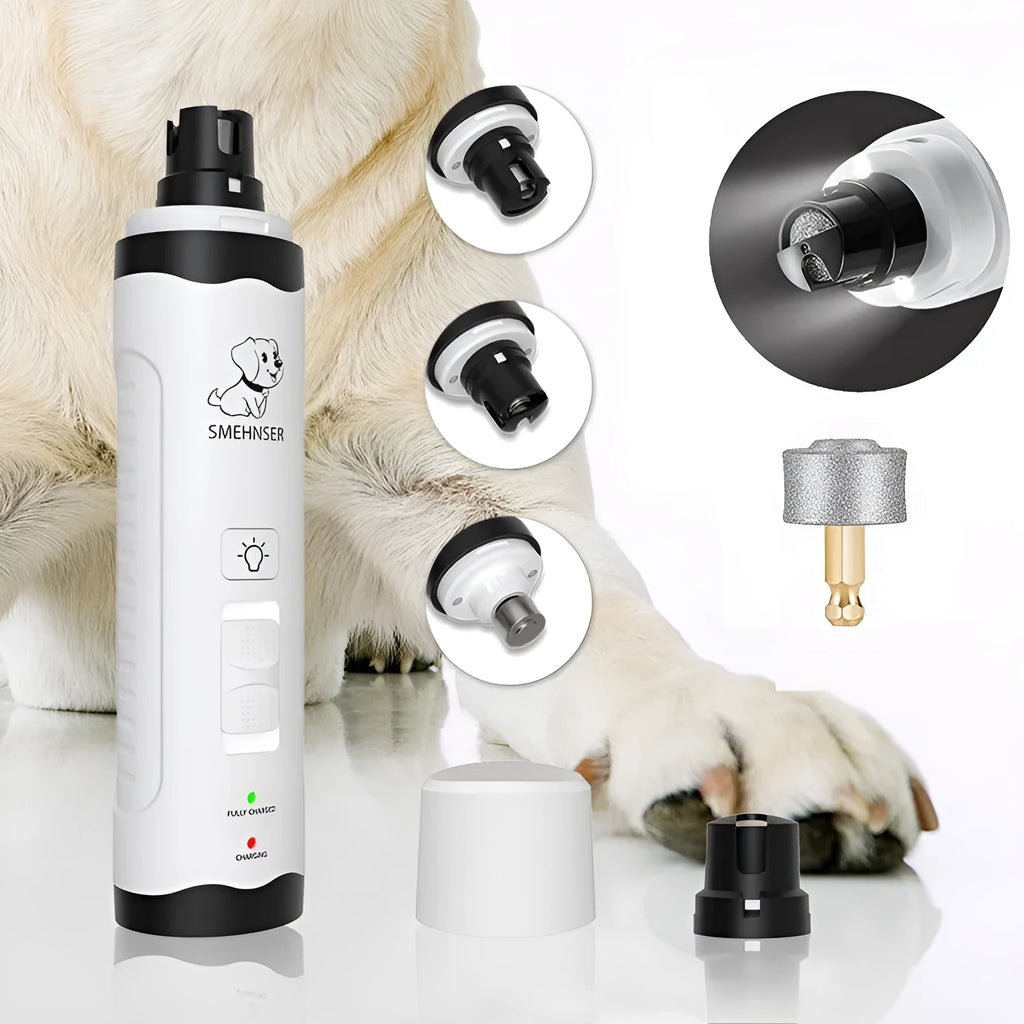 Electric dog nail grinder tool with speed settings, LED display, and dust collection chamber.