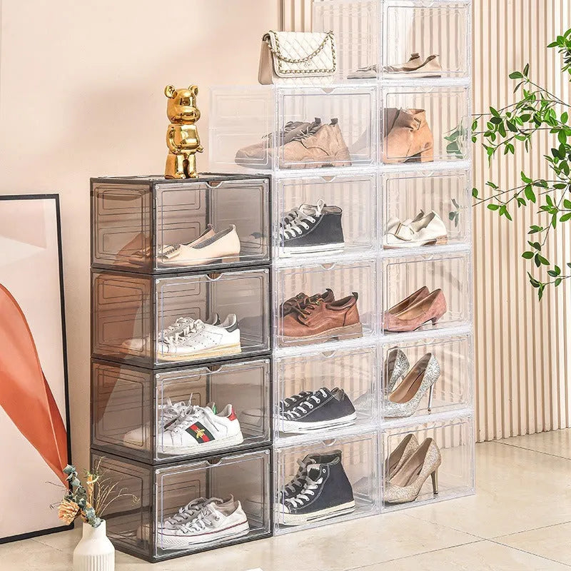 Transparent acrylic shoe storage box with magnetic side door and lid