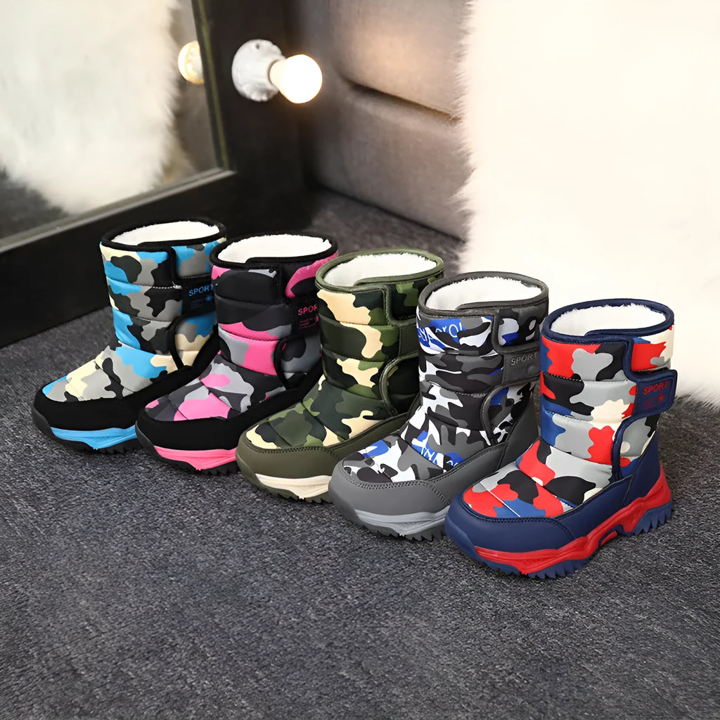 Kids high-top camouflage boots in cotton with hook and loop fastening, unisex sports style, sizes 26-38