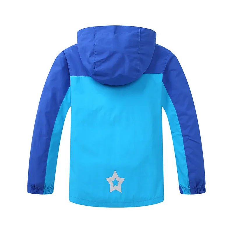 Blue thin children's autumn jacket with long sleeves and a front zip, laid flat showing size label.