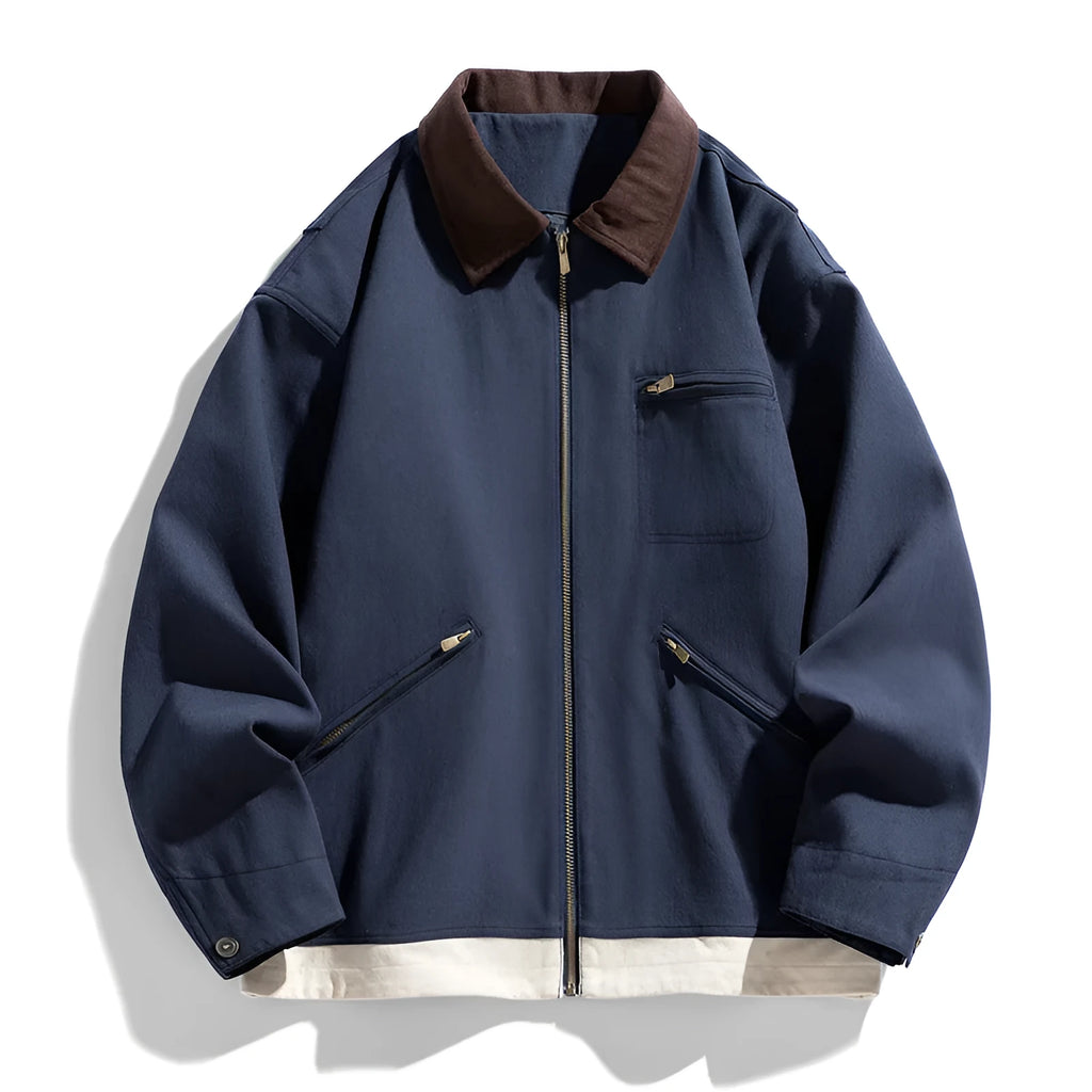 Men's retro workwear jacket with contrast lapels in mint green colour showing side seam pockets