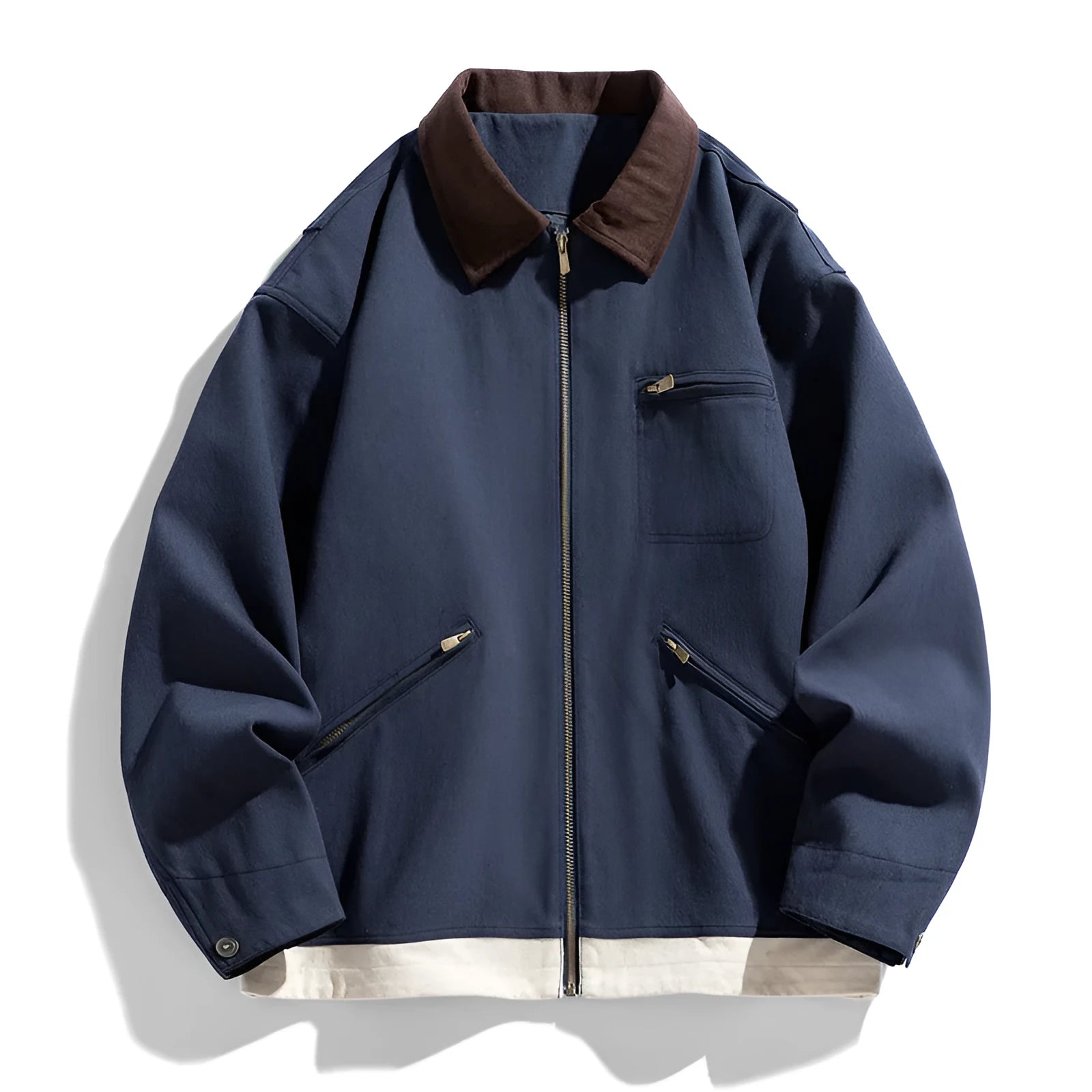 Men's retro workwear jacket with contrast lapels in mint green colour showing side seam pockets