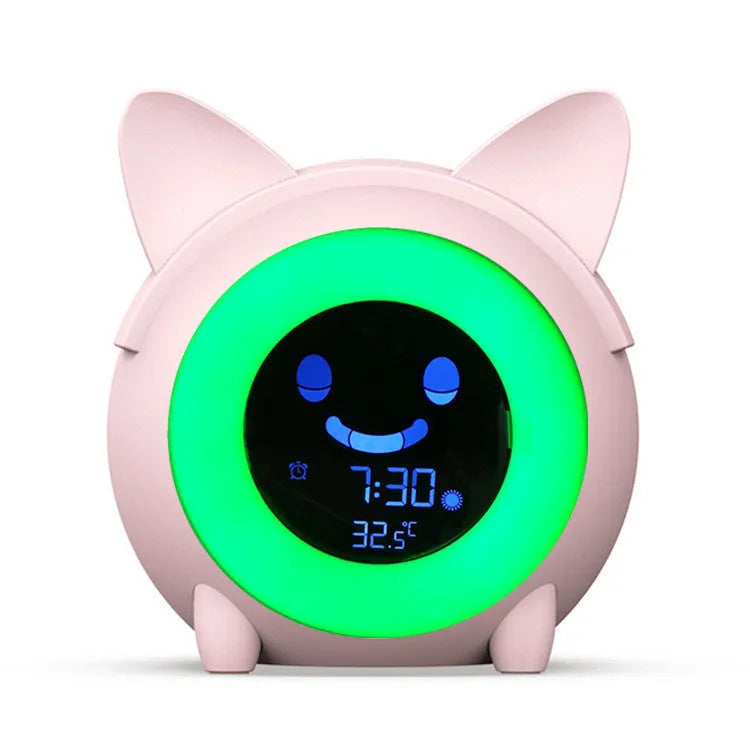 Small round cartoon alarm clock with LCD display and luminous feature in light blue