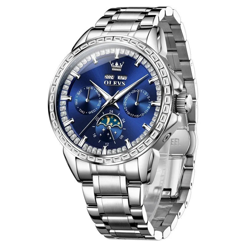Men's automatic mechanical watch with diamond dial on a stainless steel bracelet, showing the transparent case back.
