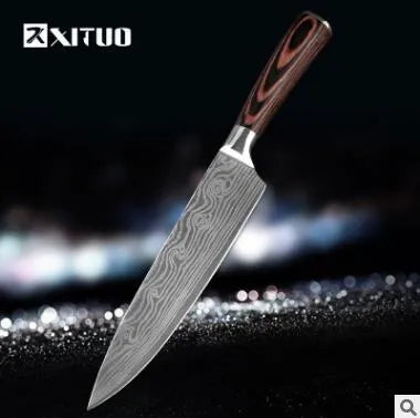 7Cr17 stainless steel kitchen knife with laser Damascus pattern on blade and colour steel handle.