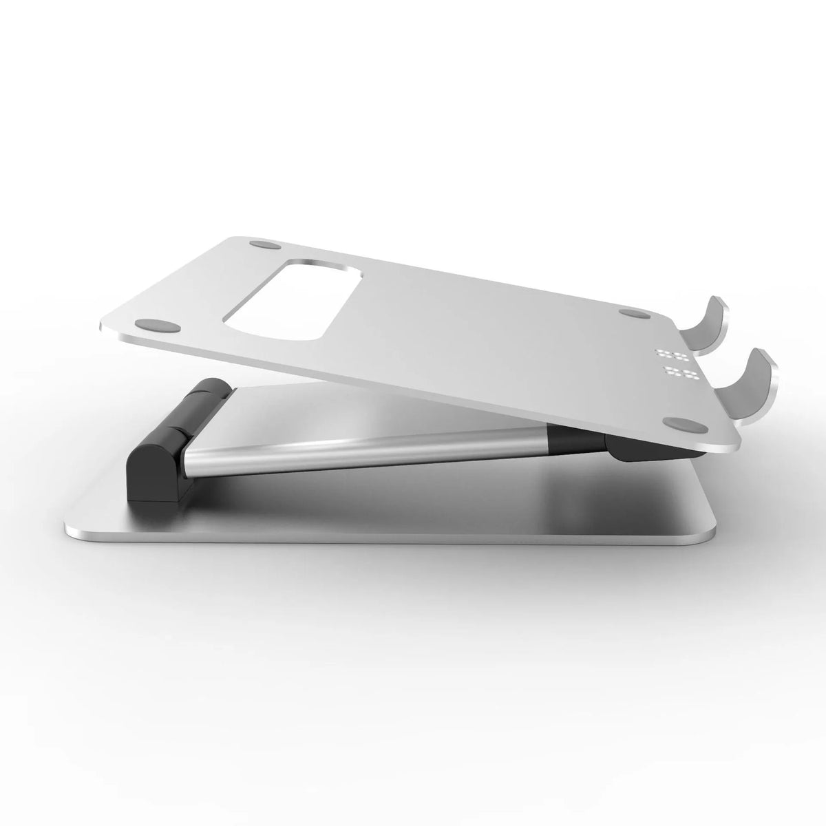 Silver folding double-arm laptop stand for 17-inch notebooks with aluminium alloy construction