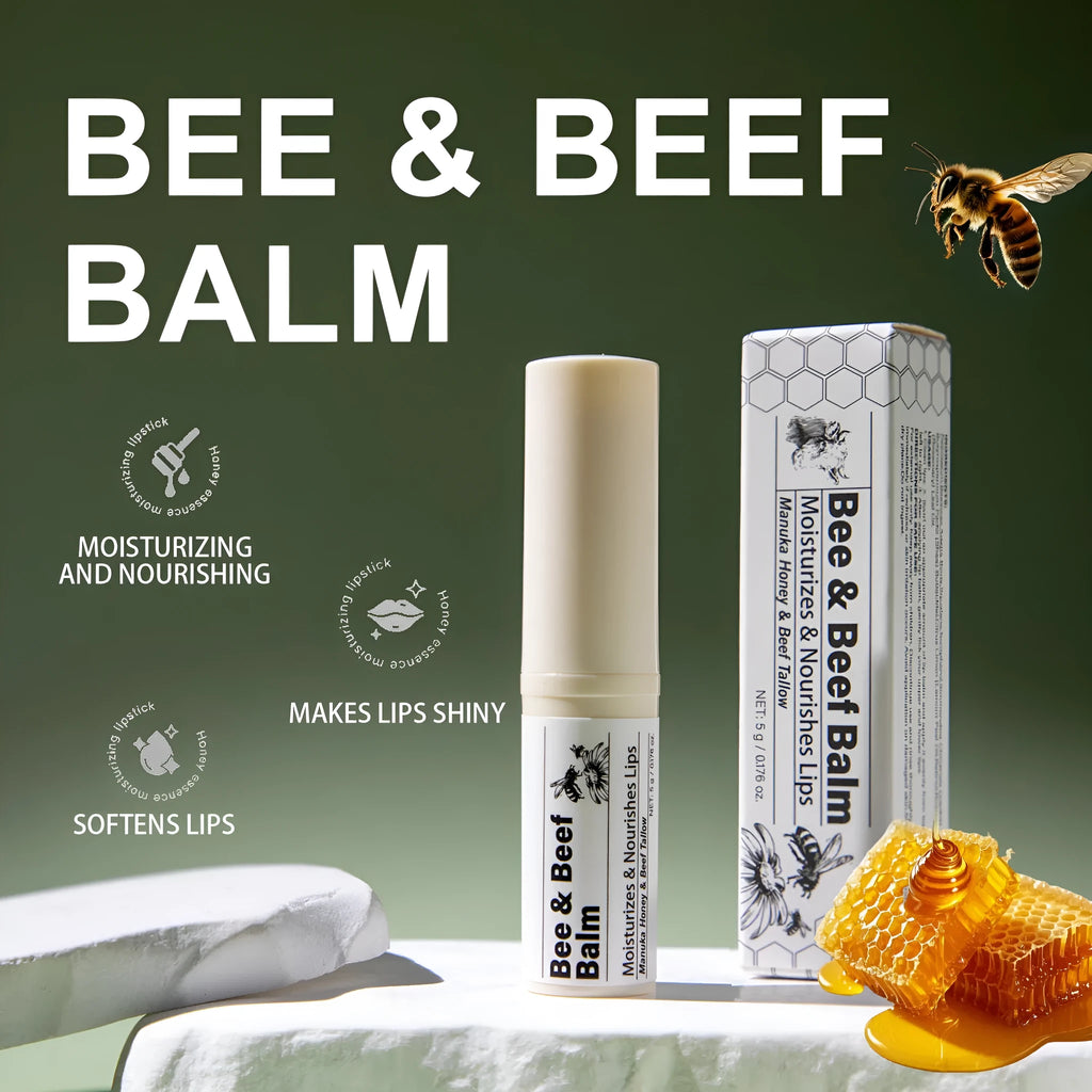 Organic beef fat lip balm stick measuring 83mm long with 5g content