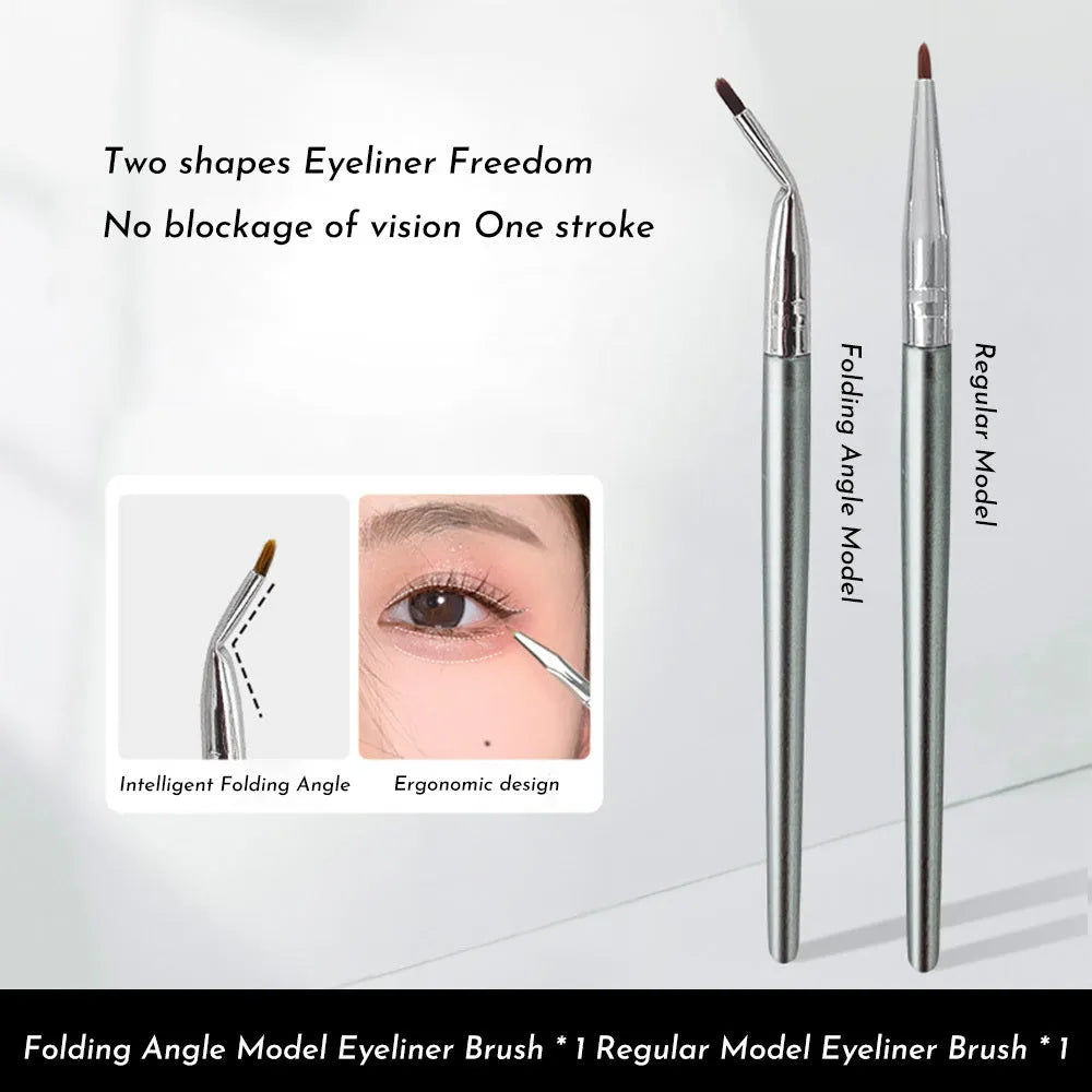 Close-up of a black angled eyeliner brush with a fine point, bent at 45 degrees for precise makeup application.