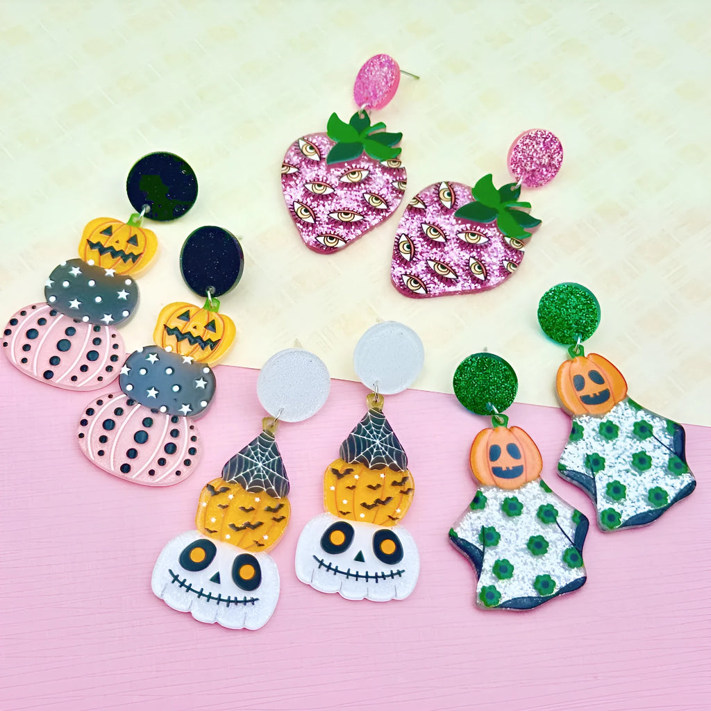 Funny Halloween acrylic earrings with colourful ghost eyes pumpkin print dark style women jewellery
