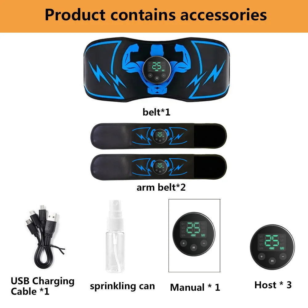 Blue rechargeable EMS abdominal massage belt with wireless remote control and fitness components
