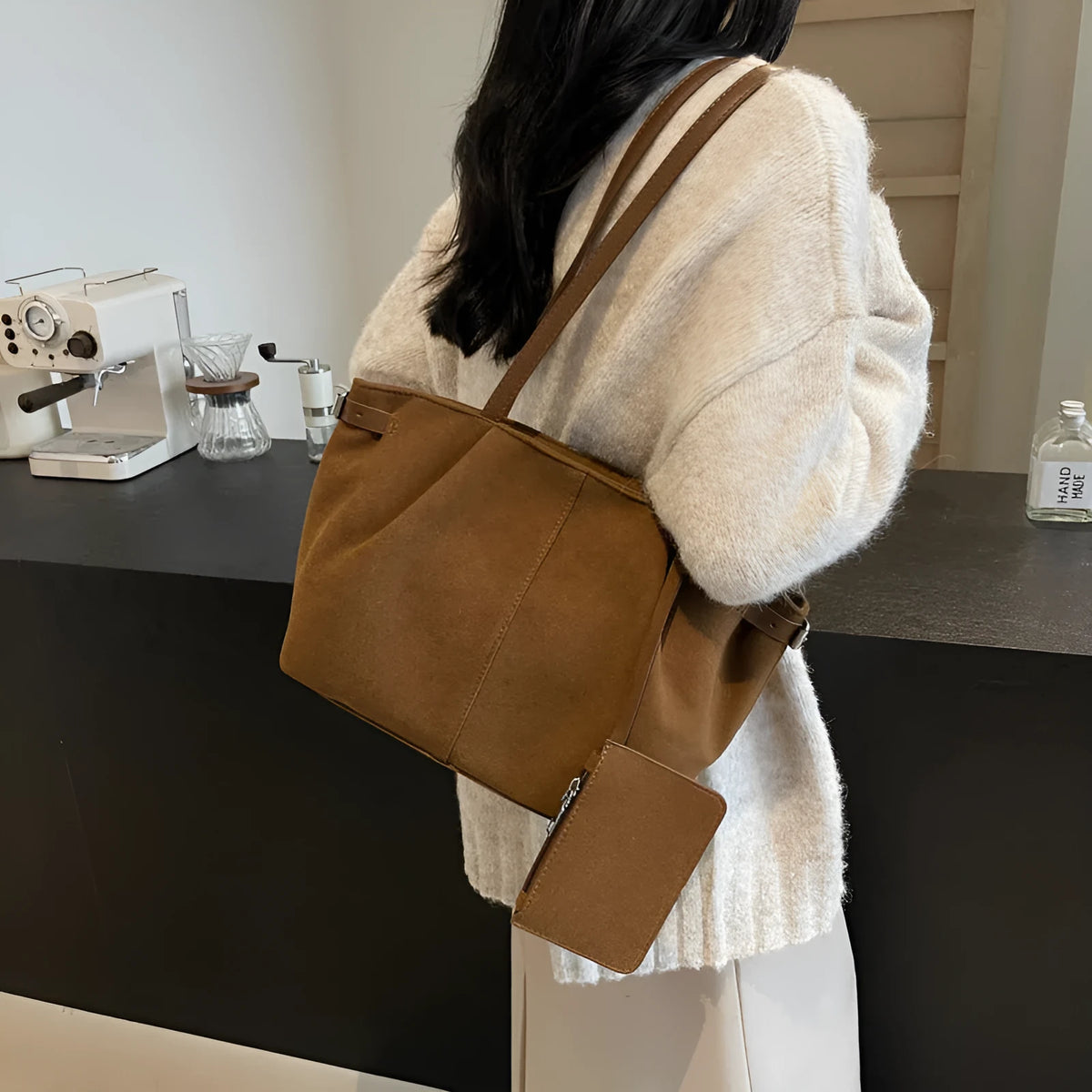Suede casual commute shoulder bag, PU, 36x12x21cm, horizontal square, black brown coffee