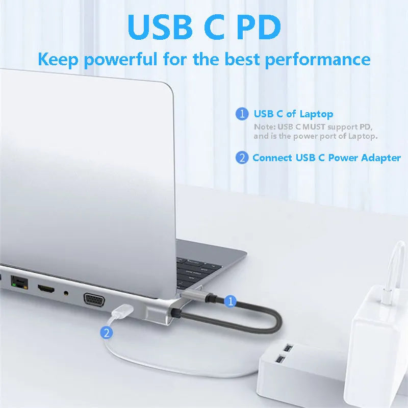 11-in-1 multifunctional laptop docking station with eleven USB 3.0 interfaces in Photo Color, no external power supply needed.
