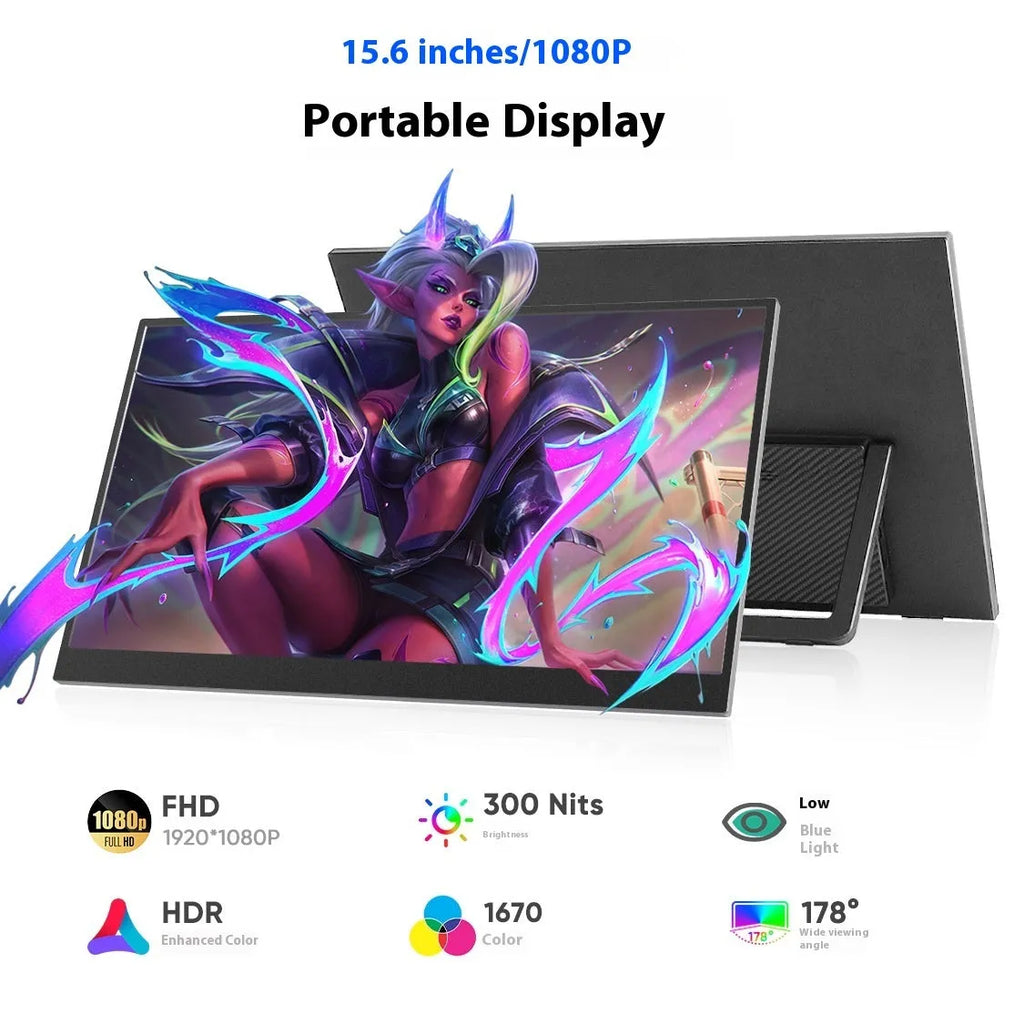 Black 15.6 inch portable monitor with adjustable stand on desk with connected cables