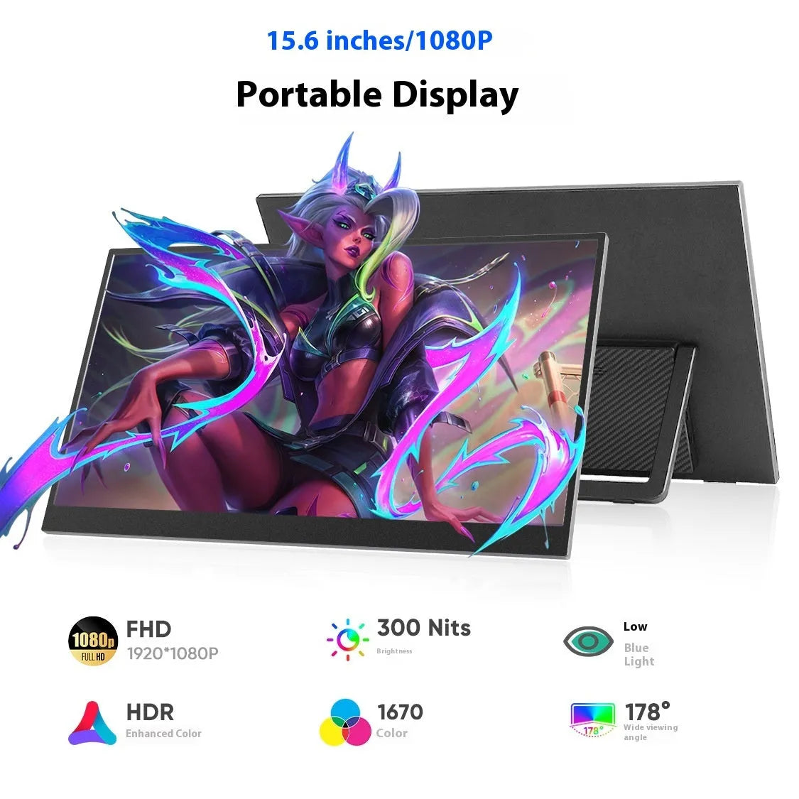 Black 15.6 inch portable monitor with adjustable stand on desk with connected cables