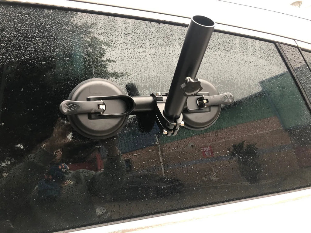 Black ABS car flagpole sucker mount with round glass suction cup for off-road vehicles.
