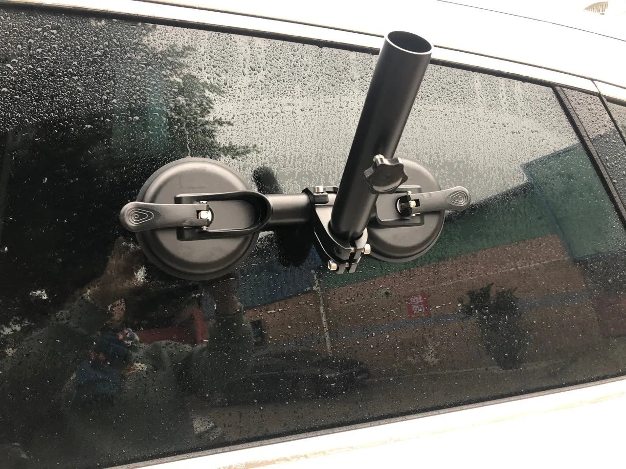 Black ABS car flagpole sucker mount with round glass suction cup for off-road vehicles.