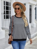 Black long sleeve polyester pullover sweater with a printed Japanese sweet plaid stripe pattern.