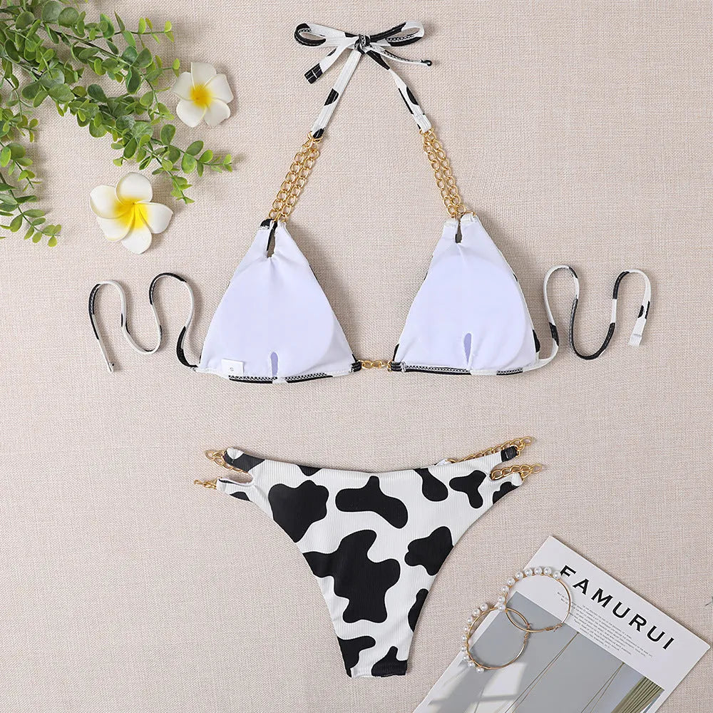 Women's two-piece bikini set with steel support, no chest pad, polyester, black floral or Jiahua, S-XL