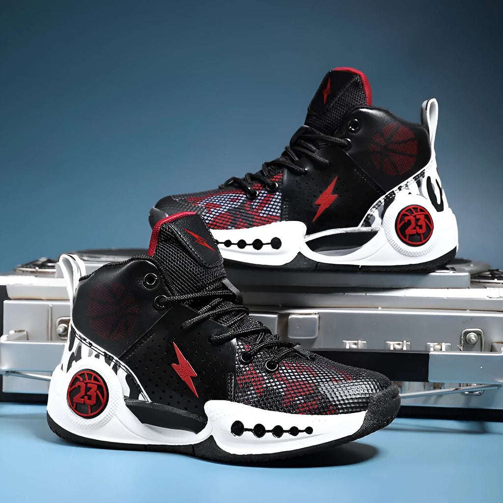 Children's mesh basketball shoes with non-slip rubber sole and lace-up closure in 8809 black red white