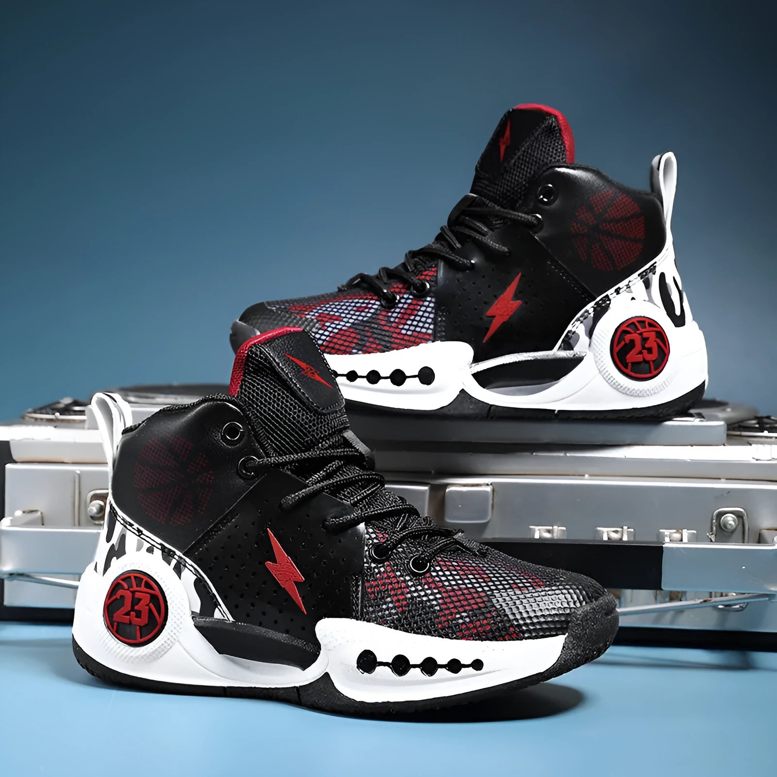 Children's mesh basketball shoes with non-slip rubber sole and lace-up closure in 8809 black red white