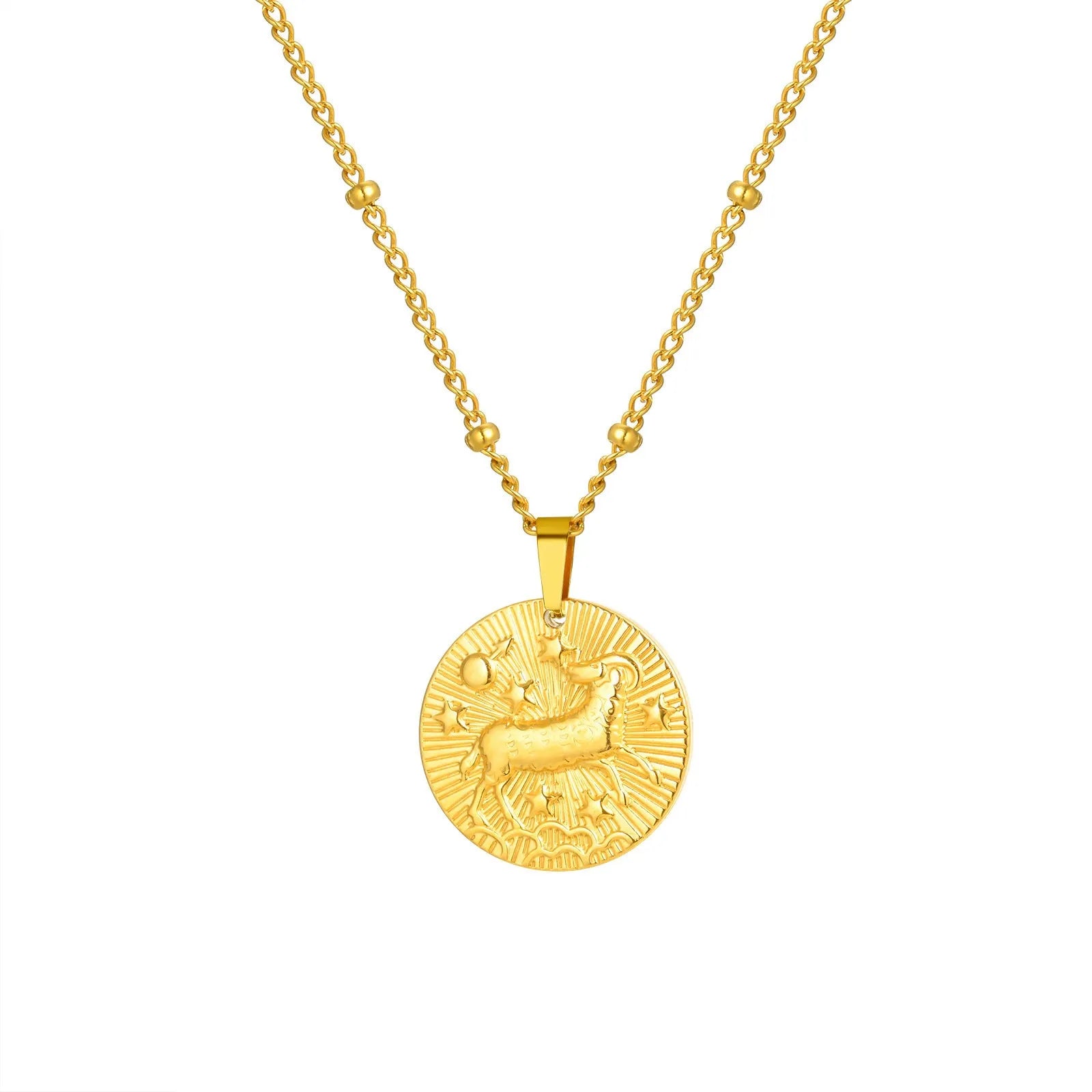 Stainless steel zodiac necklace with cross chain design and embossed constellation pendant