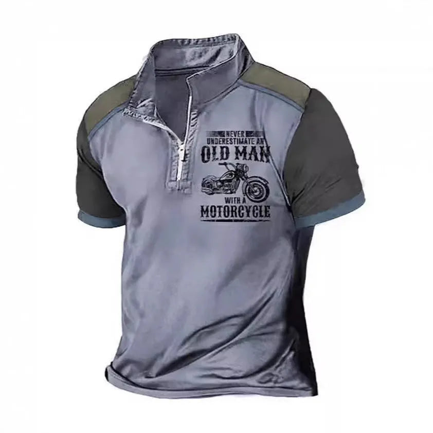 Men's casual lapel collar polo shirt with a digital letter print and short sleeves.