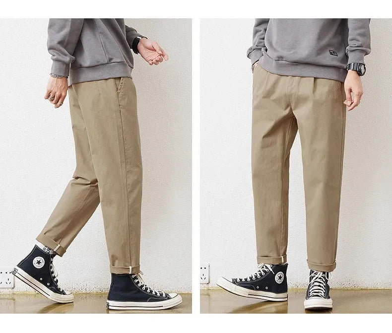 Men's loose wide-leg casual pants in dark gray, made from cotton blend with zipper fly, sizes 28-38.
