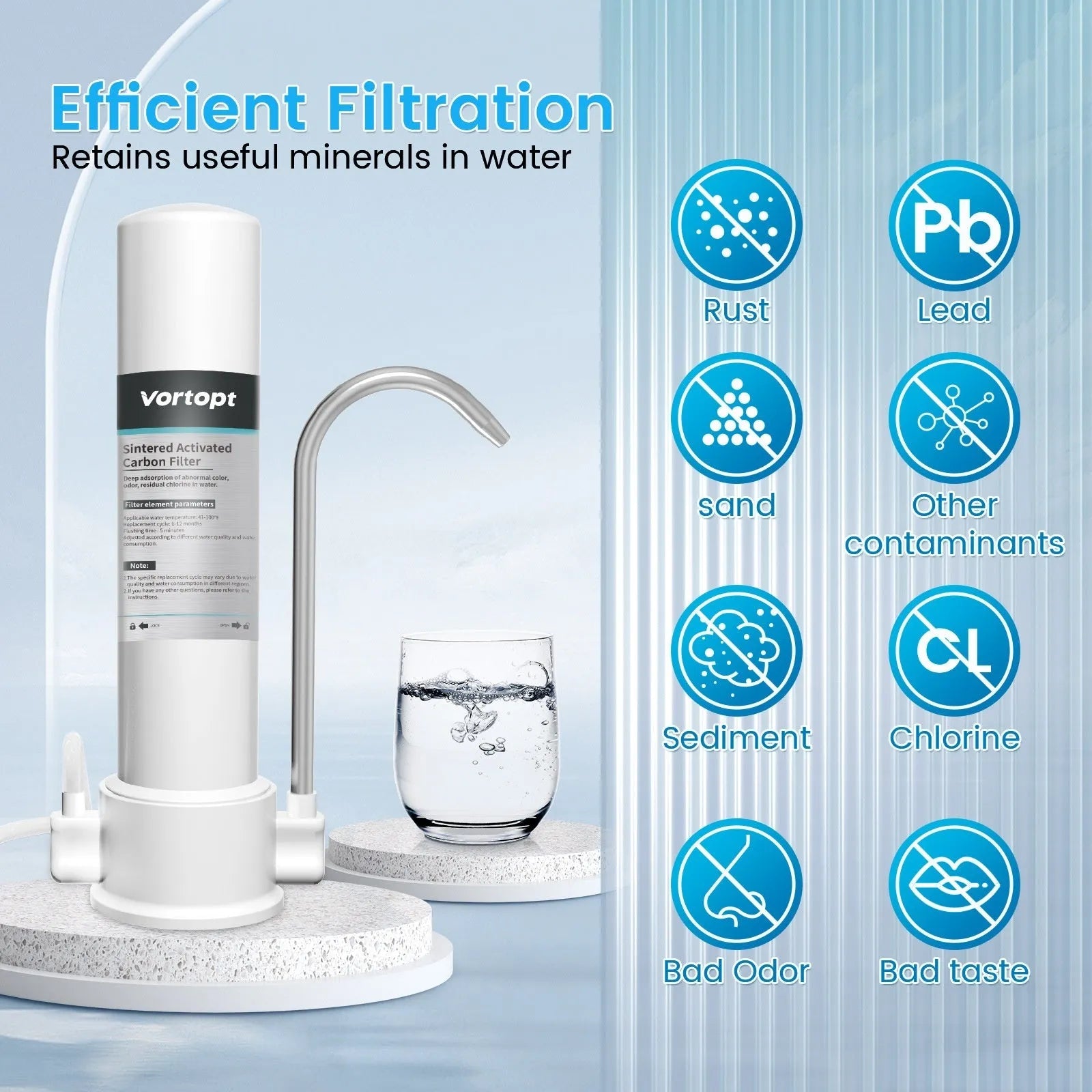 White countertop carbon rod water purifier connected to a household kitchen faucet with replaceable filter element.