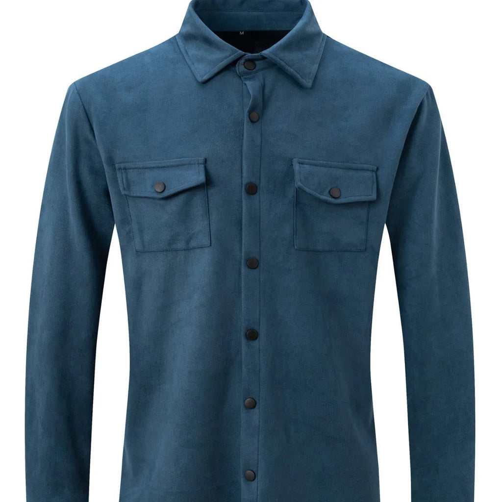Men's turn-down collar casual jacket in solid colour with thickened suede fleece fabric, 3D patch pockets, and loose fit, available in grey, burgundy, black, and other colours.