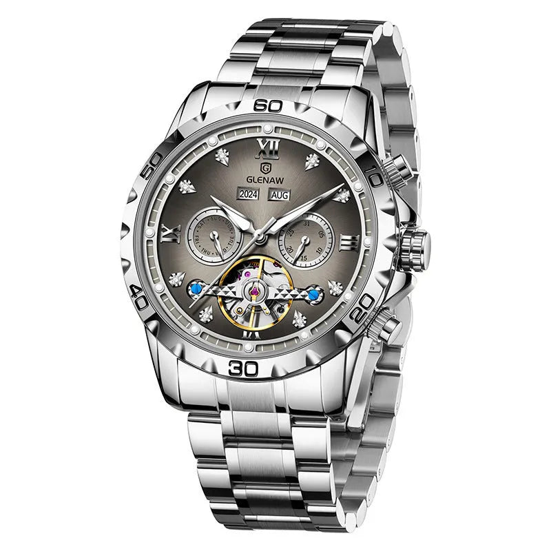 Men's automatic mechanical watch with stainless steel strap on a wrist, showing a grey dial and silver case option.