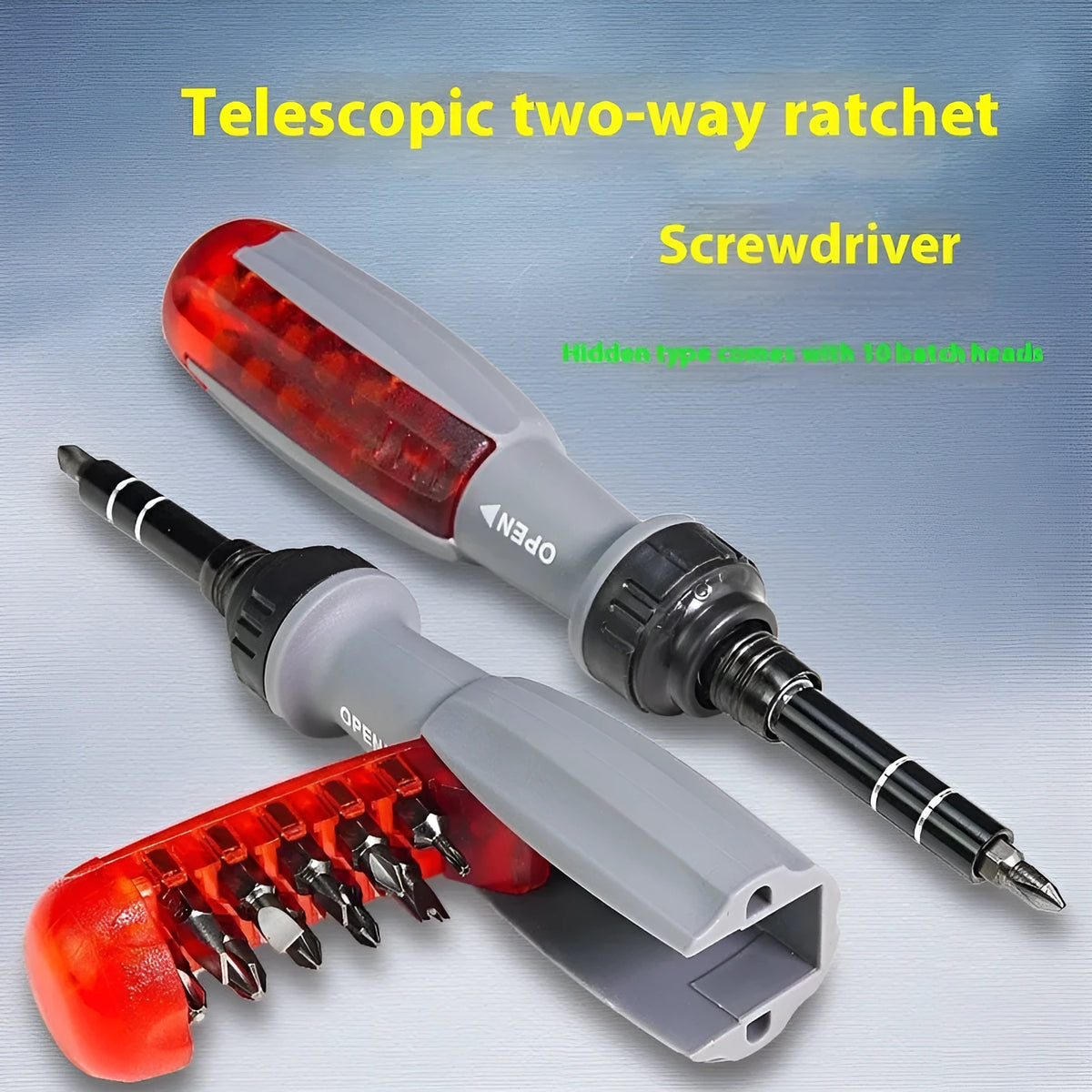 Ratchet screwdriver with retractable shaft, chrome vanadium steel bits, and ABS handle