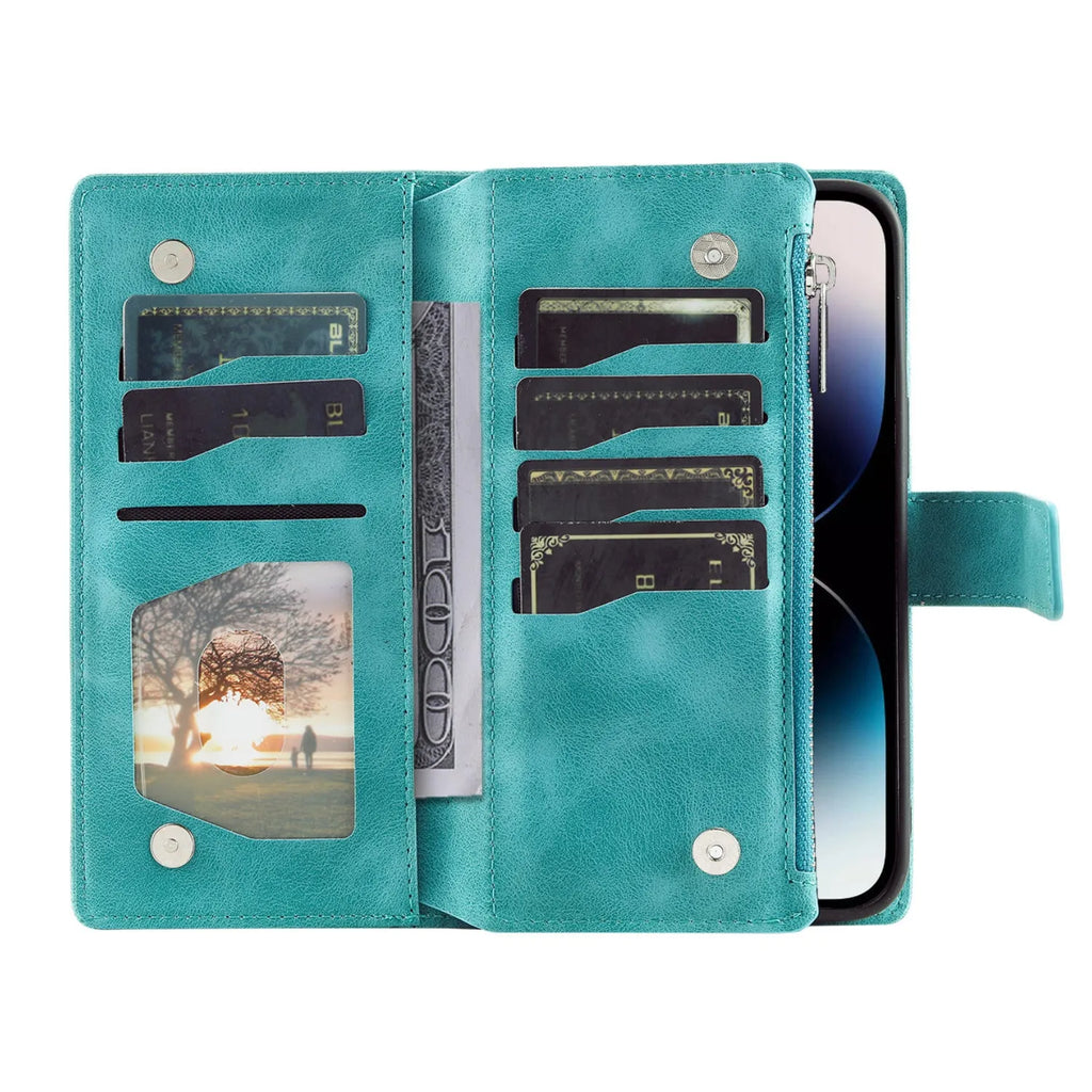Multi-card embossed totem leather PU zipper phone case for iPhone with card holder in black