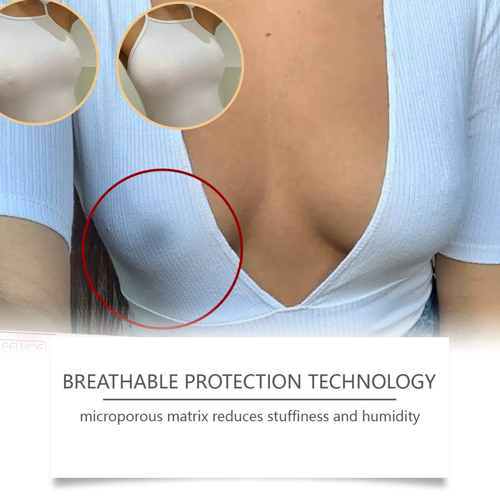 Two clear reusable hydrogel breast patches for discreet milk leakage coverage.