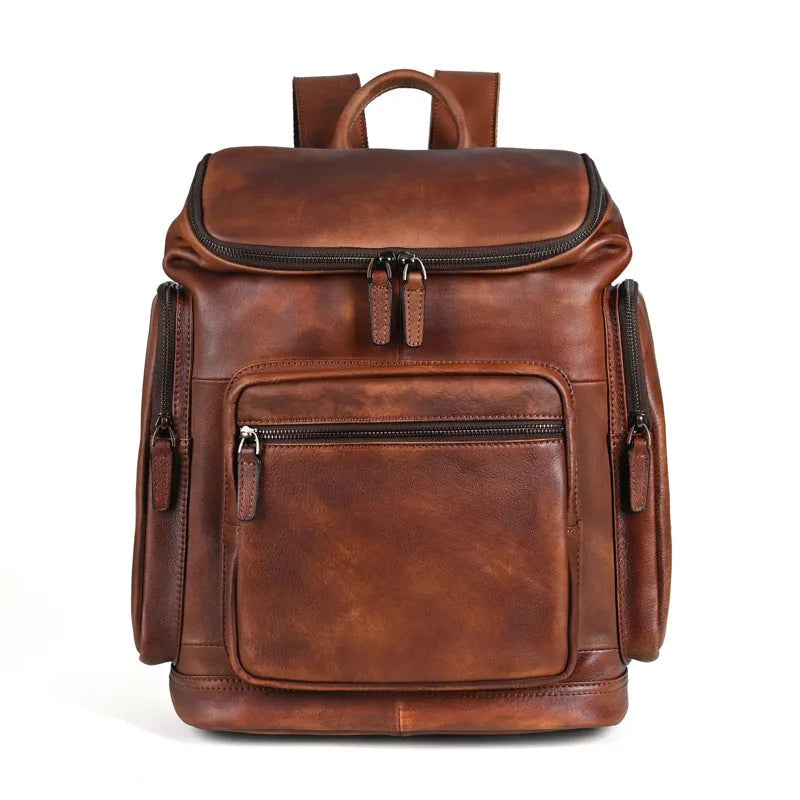 Genuine leather 14 inch men's backpack in light brown with retro patchwork and polyester cotton lining