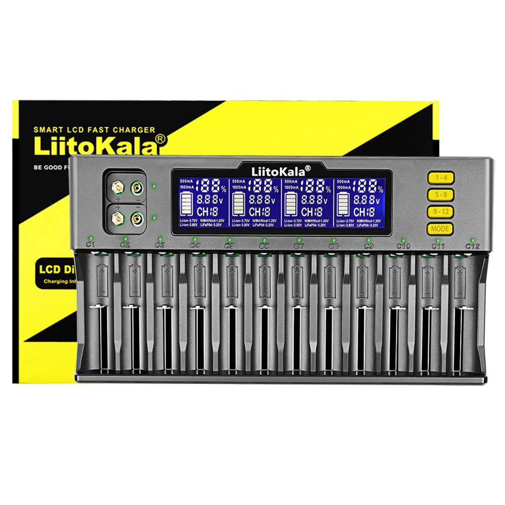 LiitoKala Lii-S12 12-slot LCD battery charger with black housing, size 28.7x14.3x3.5cm, for 18650 26650 AA AAA 9V batteries