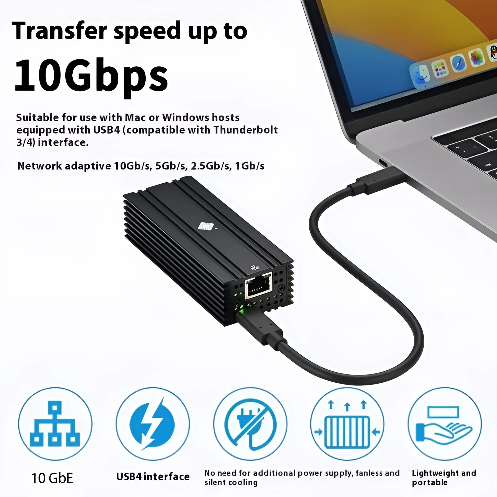 Black Leyu USB4 to 10 Gigabit Ethernet network adapter with RJ45 port and 20cm cable