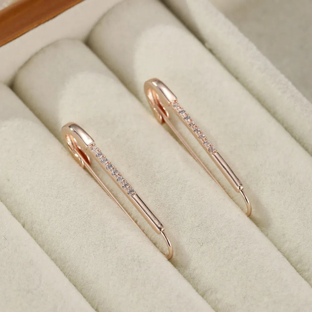 Rose gold geometric pin earrings for women, copper with inlaid zircon, asymmetric design, 1 pair