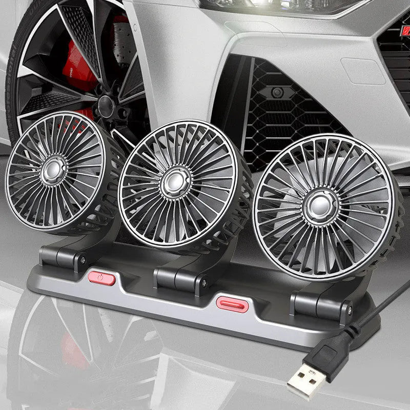 Three head automotive electric cooling fan with adjustable heads for car cabin ventilation